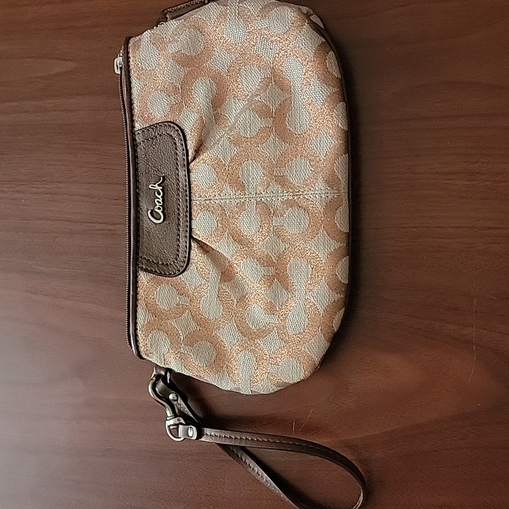 Coach Madison Bronze Logo Brown Leather Trimmed Wristlet